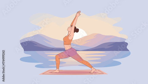 Serene woman practicing yoga warrior pose at sunrise, with soft focus mountains and calm lake reflecting the pastel sky, promoting wellness and mindfulness in a beautiful natural landscape.