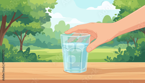 A woman's hand reaches out to grasp a clear glass filled with refreshing, cool drinking water and ice cubes, placed on a wooden table outdoors amidst a lush green park with trees and a bright blue