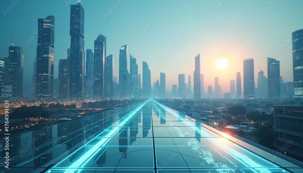 Fototapeta premium Futuristic city skyline with modern skyscrapers, sleek architecture at sunset. Glass walkway with neon lights leads to downtown area. Urban landscape with high-rise buildings, tech infrastructure.