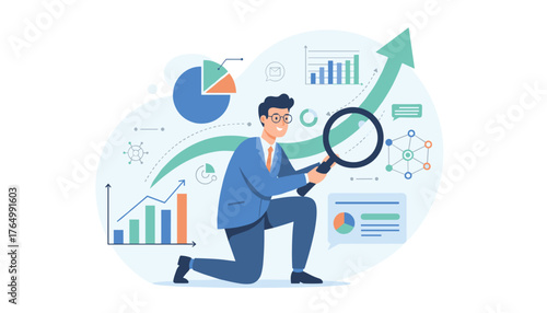 A focused businessman in a suit examines financial data and charts with a magnifying glass, symbolizing research, analysis, and growth in business and technology with upward trending graphs and