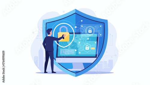Digital security concept: A businessman in a suit interacts with a glowing padlock on a computer screen, symbolizing data protection and cybersecurity within a protective shield, illustrating privacy