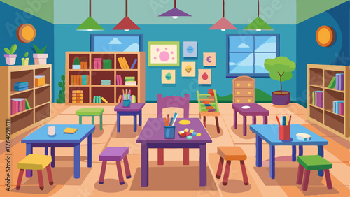 A childrens art room filled with tiny tables and chairs and shelves stocked with crayons and paints.