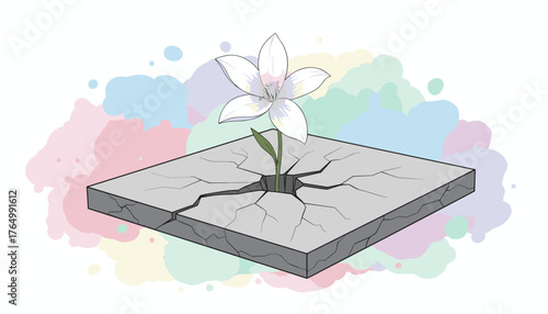 A delicate white lily flower with a green stem emerges from a cracked concrete slab, symbolizing resilience, hope, and new life breaking through adversity, set against a soft, colorful, abstract