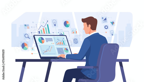 Modern business professional analyzing complex data charts and graphs on a laptop screen, showcasing financial growth, market trends, and customer insights in a contemporary office setting with city