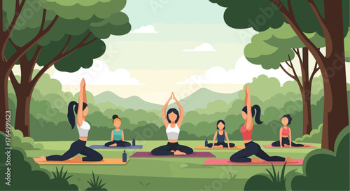 A serene flat design illustration showcasing an outdoor yoga and wellness session at Wonderfruit Festival, set against a calming natural backdrop. 