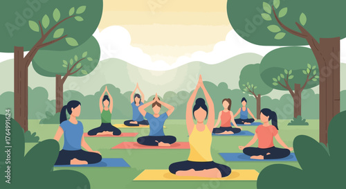 A serene flat design illustration showcasing an outdoor yoga and wellness session at Wonderfruit Festival, set against a calming natural backdrop. 