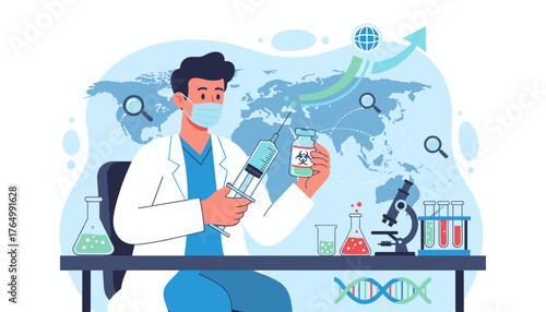 A scientist in a lab coat and mask holds a syringe filled with blue liquid and a vial with a biohazard symbol, symbolizing global vaccine research and development against diseases like COVID-19, with