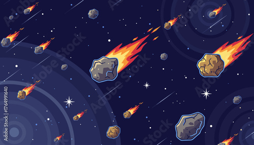 Vivid illustration of numerous asteroids and meteorites traversing the vast expanse of deep space, illuminated by fiery trails and distant stars, creating a dynamic and awe-inspiring cosmic scene.