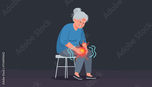 Elderly woman with grey hair, wearing a blue shirt and grey pants, sitting on a stool and holding her knee in pain, with red and blue wavy lines indicating discomfort and inflammation, representing