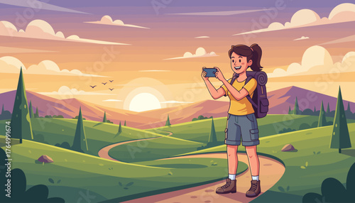 A young female tourist with a backpack joyfully captures a breathtaking sunset landscape with her smartphone, standing on a winding path amidst rolling green hills and evergreen trees, under a