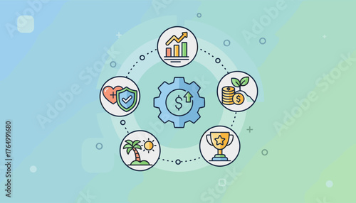 Employee Benefits and Compensation Strategy Concept: A visual representation of a holistic approach to employee well-being, financial growth, and overall success, centered around a core mechanism for