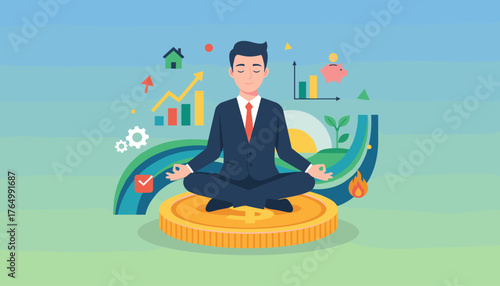 Calm businessman meditating on a giant gold coin, surrounded by financial growth charts, a piggy bank, a house icon, gears, and a growing plant, symbolizing financial wisdom and prosperity in a