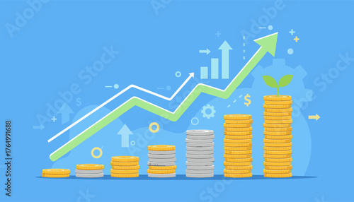 Vibrant flat illustration depicting a financial stock market graph with ascending green and white lines, symbolizing growth and progress, alongside stacks of gold and silver coins, representing
