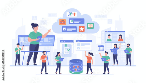 Diverse team of professionals collaborating on a cloud-based HR management system, showcasing data analysis, task management, and employee profiles for efficient human resource operations and