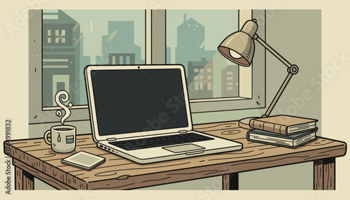 Cozy home office scene with a laptop featuring a blank screen, a steaming mug of coffee, a stack of books, and a desk lamp, all set against a window overlooking a cityscape, evoking a sense of