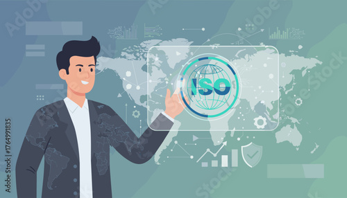 A smiling businessman in a suit adorned with a world map pattern interacts with a holographic interface displaying the ISO logo, symbolizing global quality standards, assurance, and international