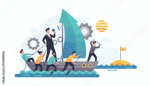 Dynamic illustration of a business team rowing a boat towards a goal, led by a confident figure with a megaphone, symbolizing leadership, teamwork, and achieving success in a corporate environment