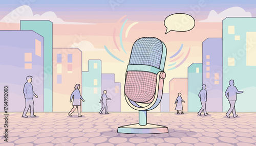 A stylized, pastel-colored microphone stands prominently on an urban sidewalk, emitting colorful sound waves, with simplified city buildings and a soft sky in the background, and silhouetted figures