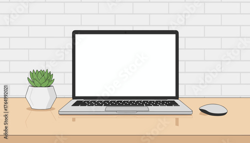 Modern minimalist workspace setup featuring an open laptop with a blank white screen, a sleek computer mouse, and a small potted succulent plant on a polished wooden table against a white brick wall