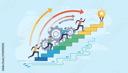 Dynamic illustration of diverse people running up a vibrant staircase towards a shining star goal, symbolizing motivation, progress, teamwork, and achieving success through collective effort and