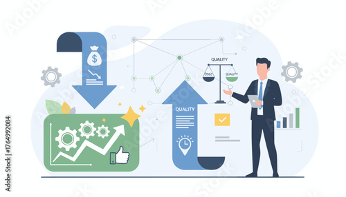 Businessman overseeing quality control and cost reduction with upward trend graph and gears, symbolizing business growth and efficiency, presented with a balanced scale and financial decrease icon.