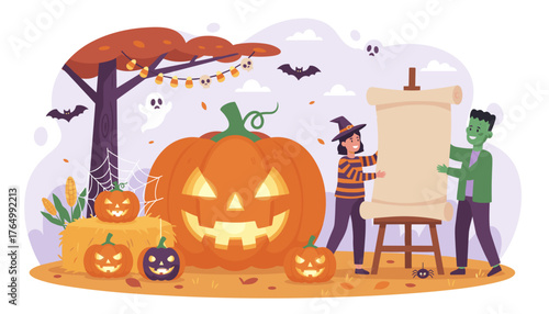 Vibrant Halloween celebration preparation scene featuring a giant carved jack-o'-lantern, a witch and Frankenstein's monster holding a scroll, spooky ghosts, bats, cobwebs, and festive string lights