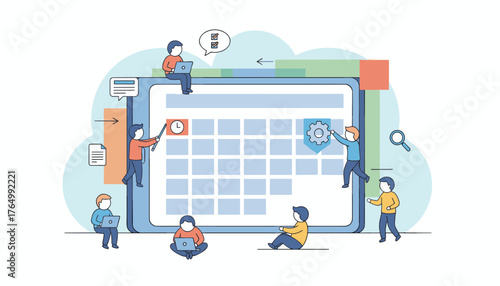 Vivid vector illustration of tiny people characters collaborating to manage a digital calendar, symbolizing teamwork, planning, and project management with icons for tasks, time, and settings, set