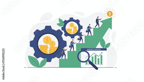 Conceptual vector illustration of investment management and financial growth, depicting business people climbing stairs towards a dollar sign sun, symbolizing success and profit, with gears and