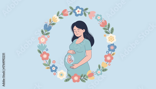 Charming vector illustration of a serene pregnant woman cradling her belly, surrounded by a delicate floral wreath, symbolizing new life, motherhood, and the beauty of pregnancy in a soft blue