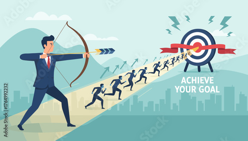 Vivid vector illustration of a determined businessman archer aiming an arrow at a target, symbolizing achieving goals, with a team of runners following, representing teamwork and collective success