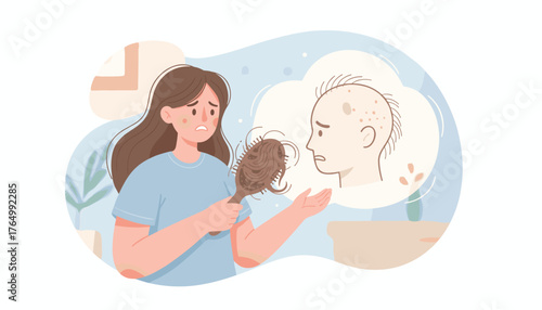 Distressed woman holding a hairbrush filled with fallen hair, contemplating hair loss and baldness, symbolizing a common health concern and emotional distress, illustrated in a simple, modern flat