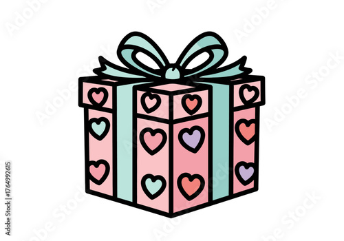 Heart-Adorned Gift Box with Ribbon Bow Illustration.