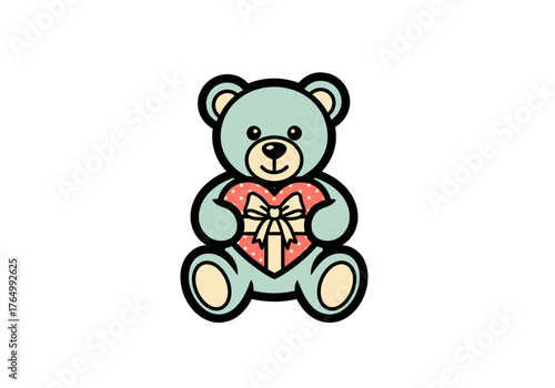 Cute Teddy Bear Holding a Heart-Shaped Gift.