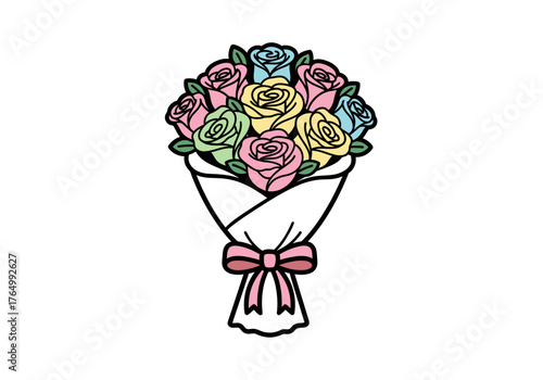 Colorful Rose Bouquet Illustration with Pink Ribbon.