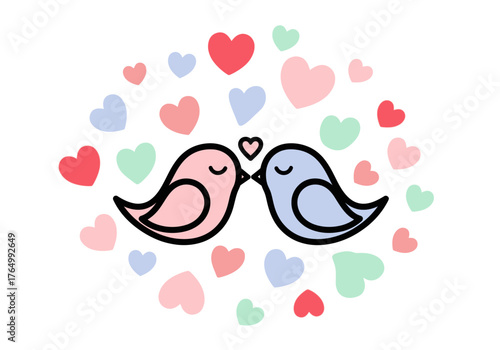 Love Birds Surrounded by Hearts Illustration.