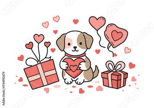 Valentines Day Puppy with Gifts and Hearts.