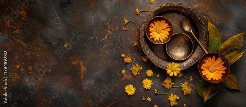Two bowls have vibrant yellow flowers and a spoon in each