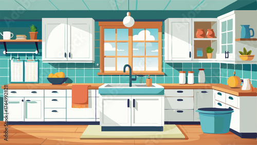 A bright kitchen with white cabinets wooden countertops and a large farmhouse sink.