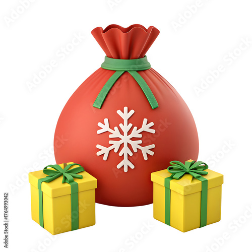 Festive red santa sack with white snowflake decoration and two yellow gift boxes with green ribbons isolated on transparent background