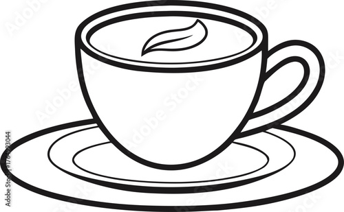 Minimal line art cappuccino cup and saucer  , white background  