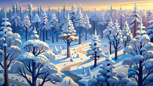 Very beautiful aerial view of snow-covered treetops forming a surreal winter wonderland, each branch delicately touched by frost and early sunlight.