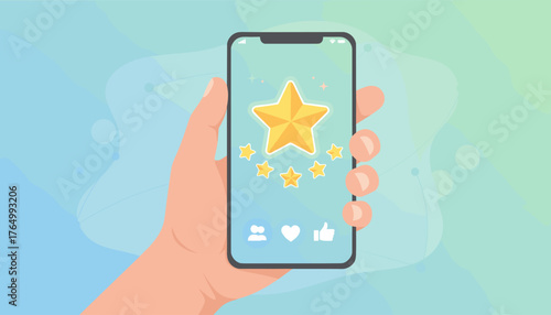 Close-up of a man's hand holding a smartphone displaying a five-star rating with social media icons like likes and hearts, representing positive customer feedback and user experience in a digital