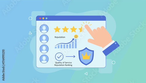 Illustrative graphic showing a hand interacting with a digital interface, symbolizing customer satisfaction and reputation ranking through star ratings, a growth chart, and a shield with a crown