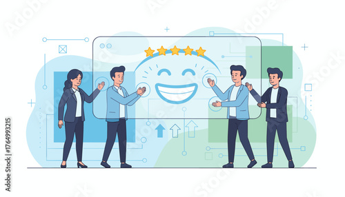 Customer service and satisfaction concept, business professionals interacting with a digital interface displaying a five-star rating and a happy smiley face, symbolizing excellent feedback and