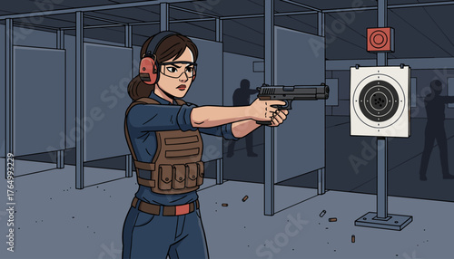 Determined woman in tactical vest and ear protection aiming a handgun at a target on a shooting range, with spent shell casings scattered on the floor and other shooters in the background