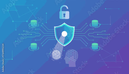 Digital identification concept with fingerprint scan, shield, unlocked padlock, and data servers, representing cybersecurity, access control, and personal data protection in a futuristic