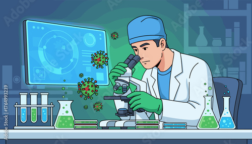 Scientist in a laboratory, wearing green gloves and a blue cap, examines viruses under a microscope, with test tubes, petri dishes, and a digital display showing scientific data, illustrating medical