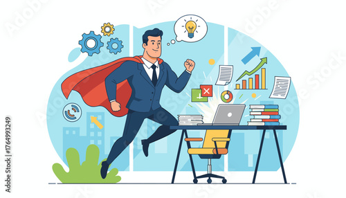 Dynamic superhero businessman in a suit with a red cape running energetically through an office, symbolizing effective work, productivity, and business success, with gears, charts, and a lightbulb
