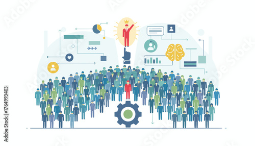 Abstract illustration of human resource management concept, showing a crowd of diverse people with a leader highlighted in red, symbolizing choice, innovation, and success, with business analytics