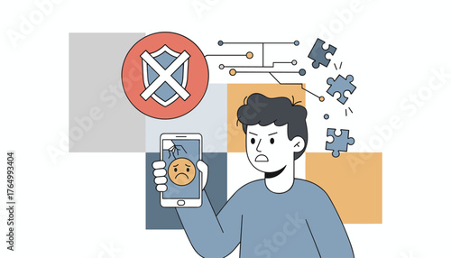 Modern flat vector illustration of a frustrated person holding a smartphone with a cracked screen and sad emoji, symbolizing failed KYC verification, data breach, or system error, with a security